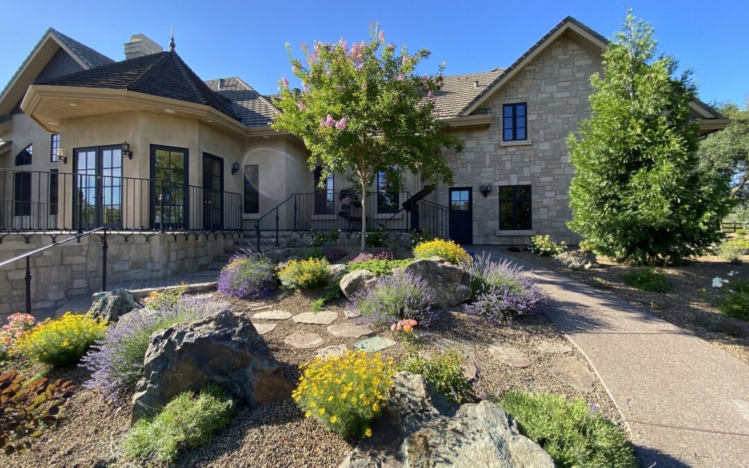 Nice front-yard with flower plants of a house. There is a full-bloom cherry trees and a cypress tree.
