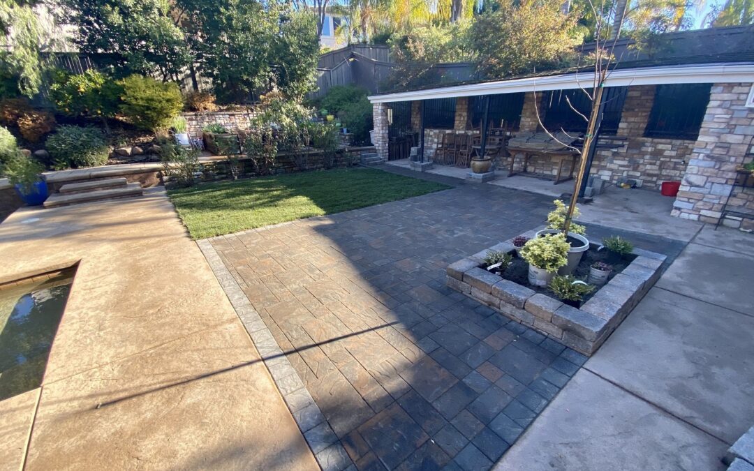 Outdoor patio with concrete slabs and brown tiles. The area contains some trees and a nice lawn